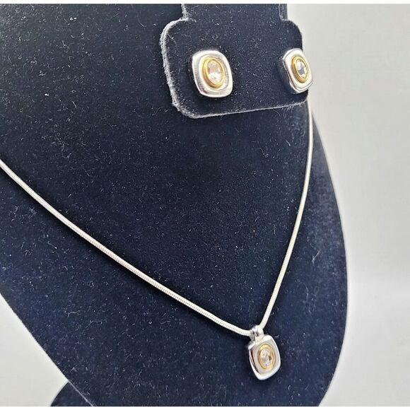 Demi Parure Earring and Necklace Minimalist Rectangular Crystal 0.5in 17in - Picture 1 of 6